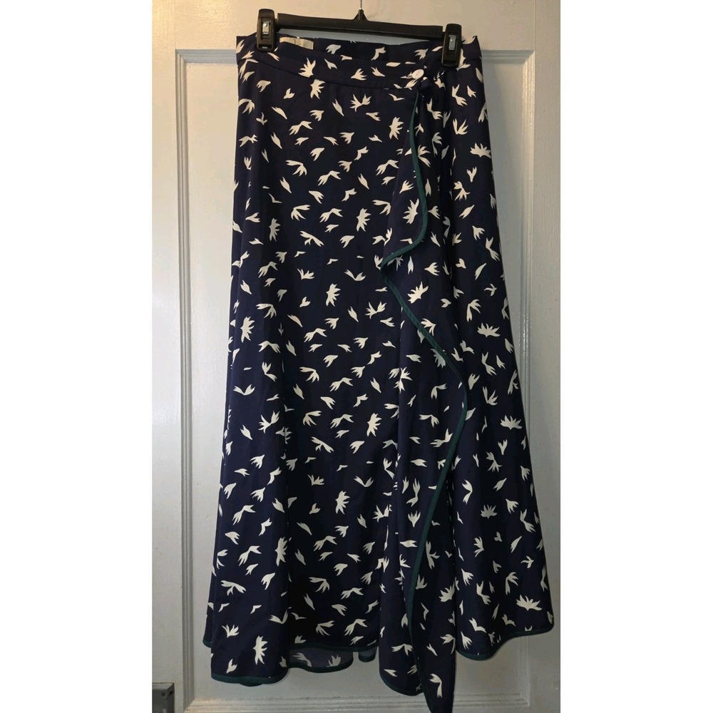 Soleil Navy Printed Maxi Skirt. Birds. Ruffles. Whimsical.  Green Ribbon. 8